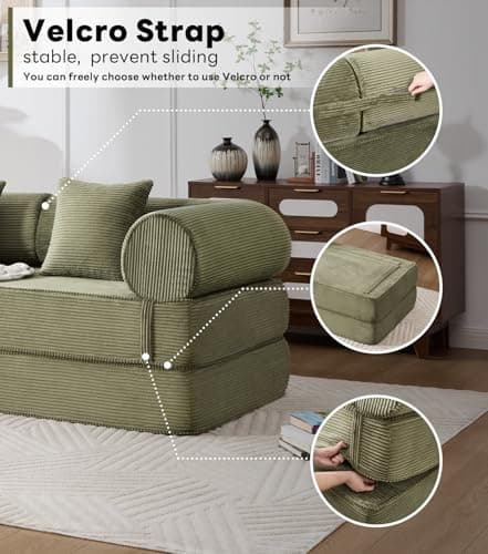 Tbfit 79'' Folding Boneless Couch, Oversized Corduroy Convertible Sofa Bed, Futon Mattress Sleeper Sofa, Comfy Foldable Upholstered Floor Couches for Living Room, Green - Thumbnail 5