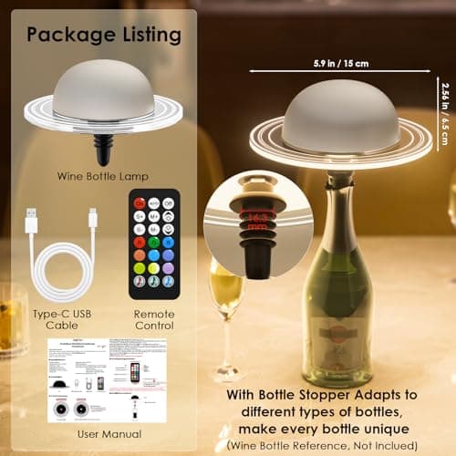 KIBTOY Wireless Bottle Lamp, Bottle Light for Liquor Bottles Rechargeable 3600 mAh, Wine Bottle Lamp, Touch & Remote Control, Dimmable 3CCT & RGB & Musical Rhythm Mode for Home Bar Party Decor, White - Thumbnail 6
