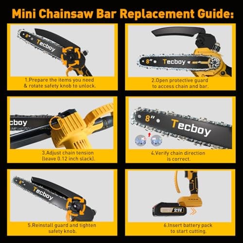 8 Inch Mini Electric Chainsaw Cordless, 6 Inch Portable Chain Saw for Makita 18V Battery Powered Saws Small HandHeld Saw with 2 Batteries Yard Tool Tree Trimming Wood Cutting Gifts Men Dad(GoldYellow) - Thumbnail 6