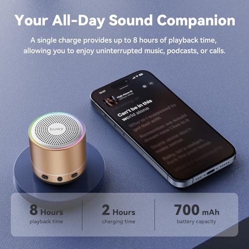 buwy Mini Bluetooth Speaker, 2026 Ultra-Light Mini Bluetooth Speaker, IP7 Waterproof Brief Design, Small Shower Travel Speaker for Outdoor, 8H Playtime, Perfect for Phone/PC/Tablet & Gift Golden - Thumbnail 5