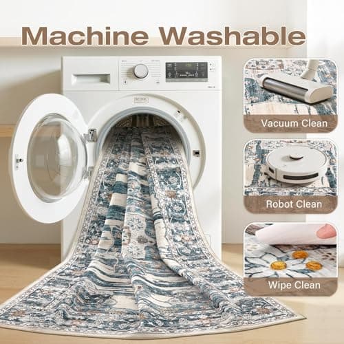 Jessibou Washable 8x10 Area Rug for Living Room & Dining Room - Large Vintage Farmhouse Soft Carpet with Non-Slip Backing, Stain Resistant Low-Pile Indoor Rug for Home Office, Kid & Pet Friendly- Blue - Thumbnail 2