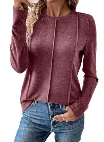 EVALESS Tops for Women 2025 Trendy Pleated Spring Summer Fall Dressy Casual Long Sleeve Blouses Solid Color Loose Round Neck Basic T Shirts Outfits,Red Dahlia Medium - Image 1