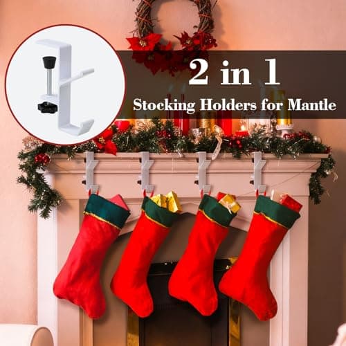 ANOEPUY 4 Pack Stocking Holders for Mantle for Christmas Decorations,2 in 1 Mantle Garland Holder for Hanging Christmas Stockings,No Drilling Required & Adjustable Garland Hanger, Metal(White) - Thumbnail 4