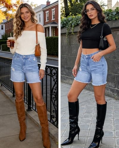 SEASEESI Jean Shorts for Women Trendy High Waisted Stretchy Ripped Denim Summer Frayed Raw Hem Mom Long Shorts Cutoff 2026 Jorts（Light Blue M） - Thumbnail 4