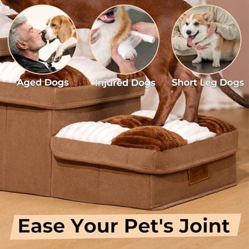 FUNNYFUZZY Dog Stairs for Small Dogs - 4 Steps Chessboard Plaid Handcrafted Dog Stairs with Storage - Multifunctional and Foldable, Brown - Thumbnail 5