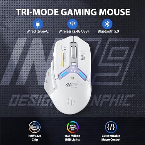 INPHIC IN9 Wireless Gaming Mouse, Real Tri-Mode 2.4G Wireless/Type-C Wired/Bluetooth Mouse, 10k DPl, Fully Programmable, RGB Lighting, Hyperspeed Rechargeable Wireless Mouse for Laptop PC Computer Mac - Thumbnail 2