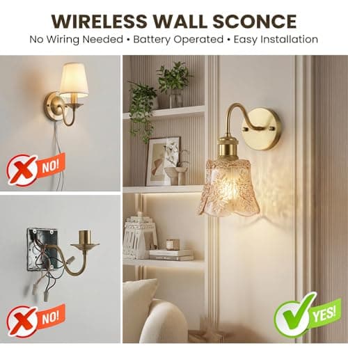 YUNICE Vintage Battery Operated Wall Sconces Set of 1 Rechargeable Wall Sconce Wireless Wall Lights with Remote Control & Amber Glass Lampshade for Bedroom Living Room Vintage Indoor E26 Type-C - Thumbnail 6