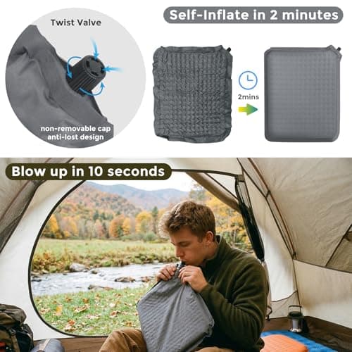 Portable Self-Inflating Stadium Seat Cushion, 2" Thick Memory Foam Sit Pad with 400lb Capacity, Lightweight Travel Seat Pad for Bleachers, Camping, Hiking, Office Chair & Airplane (1, Gray) - Thumbnail 5