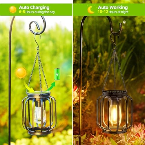 Solar Hanging Lanterns Outdoor Waterproof: 4 Pack Metal Solar-Powered Lights with Hook, Bright Warm Lantern Decor for Outside, Classic Outdoor Lighting for Yard Garden Patio Porch Balcony Decorations - Thumbnail 3