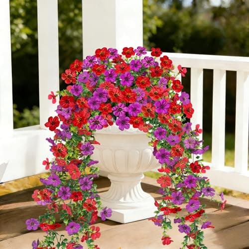 UV Resistant Artificial Hanging Flowers Outdoor Decor - 2 Pack Fake Hanging Plants with Silk Daisies for Spring Summer, No Fade Faux Flowers for Planter, Front Door, Porch, Patio, Garden, Yard