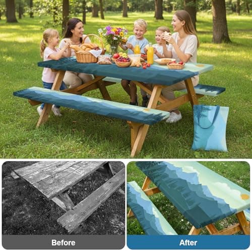 Picnic Table Cover with Bench Covers and Bag, 72in Camping Tablecloth, Waterproof Windproof Elastic Edges Fitted Rectangle Tables RV Gear Campers Must Have（Green） - Thumbnail 3