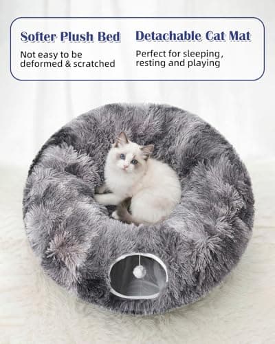 Cat Tunnel Bed with 20 Pcs Interactive Toys, 3-in-1 DIY Collapsible Plush Cat Tube with Washable Mat, Large Indoor Play Tunnel Cave for Kittens and Small Animals - Thumbnail 5