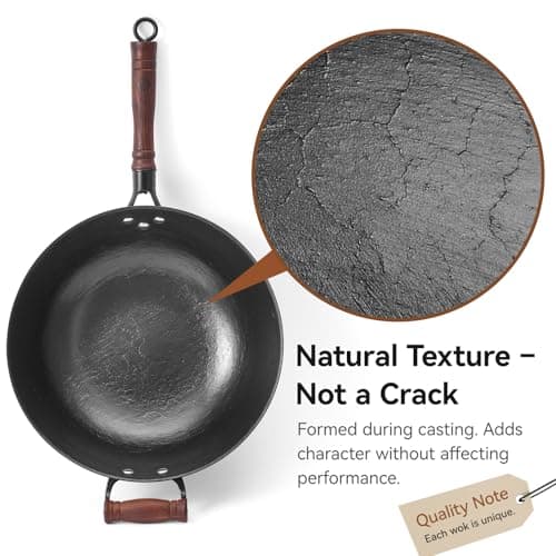 WANGYUANJI Cast Iron Wok Pan with Lid, 14.2 Inch Flat Bottom Uncoated Stir Fry Skillet, Large Heavy Duty Chinese Iron Pot for Family Cooking, Induction & Gas Safe - Thumbnail 5
