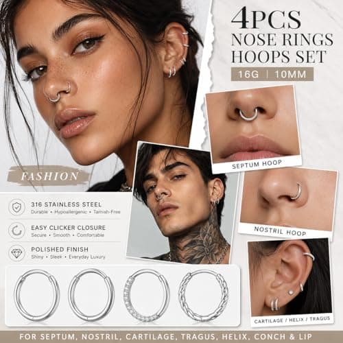 AOzT 4Pcs 16G Nose Rings Hoops - 10mm Septum Clicker Rings for Women Men, 316 Stainless Steel Hinged Nose Hoop Piercing Jewelry for Septum Cartilage Tragus Helix Lip, Silver - Thumbnail 2