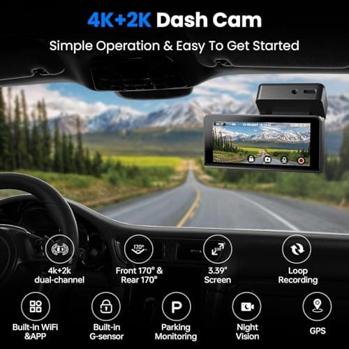 Yonvim 4K+2K Dash Cam Front and Rear, 5G WiFi GPS, 32GB Card Included, 3.39" Screen Dual Dashcam, G-Sensor, 24H Parking Mode, WDR, Dash Camera for Cars - Thumbnail 2