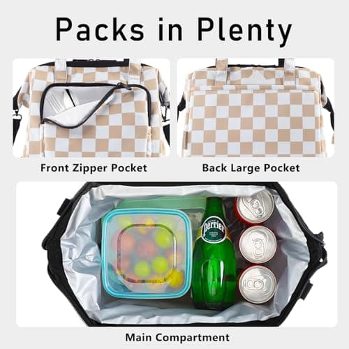 U+U Reusable Lunch Bag for Women Men Leakproof Lunch Tote Bag with Adjustable Strap, Holds Lunch Box, Snacks, Fruits for Work, Picnic or Travel - Insulated, Large Capacity, Waterproof(Khaki Checkered) - Thumbnail 6