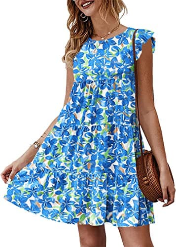 KIRUNDO Womens Summer Dresses 2026 Sleeveless Boho Floral Mini Beach Sundress Ruffle Sleeve Round Neck Loose Short Flowy Pleated Babydoll Dress(Floral3-Dark Blue, Small) - Image 1