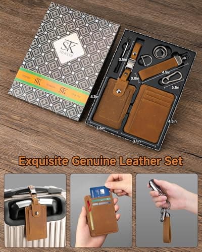 Teskyer Leather Gifts for Men, Premium Leather Gift Set with Slim Wallet, Travel Luggage Tag & Car Keychain, Elegant Gift Box for Father's Day, Birthday, Anniversary, Retirement & Graduation - Brown - Thumbnail 5