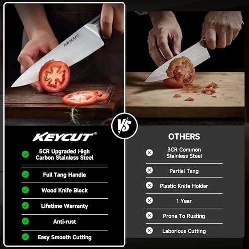 KEYCUT 13 PCS Knife Set with Block, Upgraded 5Cr15Mov High Carbon Stainless Steel Kitchen Knife Sets with Block and Sharpener, Ergonomic Full-Tang Handle, Professional Kitchen Knife Set - Thumbnail 4