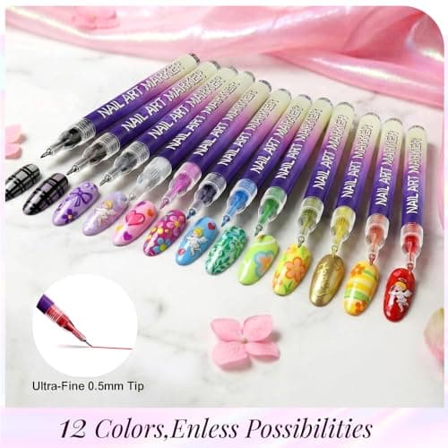 12 Color Nail Art Pens Set, Nail Art Markers & Nail Polish Pens with 0.5mm Fine Tip for Quick-Dry Graffiti, Dotting, Drawing, Painting, Liner - Professional DIY Home Salon Manicure Tools - Thumbnail 4