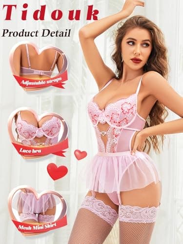 Tidouk Lingerie Sets for Women Sexy Lace Teddy Lingerie Push up Bra Garter Lingerie Set with Mesh Mini Skirt(Pink,X-Large) - Thumbnail 4