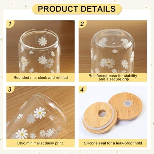 KMCCUMBER Cute Glass Cups with Lids and Straws, Teen Girl Birthday Gifts Daisy Iced Coffee Cup, Yellow Aesthetic Mug Tumbler for Birthday Mothers Day Christmas Valentines Coffee Lover 16oz - Thumbnail 6