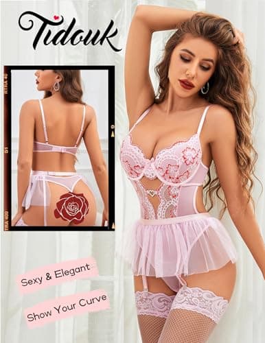Tidouk Lingerie Sets for Women Sexy Lace Teddy Lingerie Push up Bra Garter Lingerie Set with Mesh Mini Skirt(Pink,X-Large) - Thumbnail 3