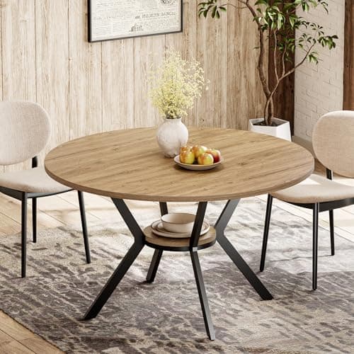 MECHYIN 42 Inch Round Dining Table for 2–4, Farmhouse Round Kitchen Table with Storage Shelf, Pedestal Dining Table, Wood Top & Metal Base, Small Space Table for Apartment, Dining Room - Image 1