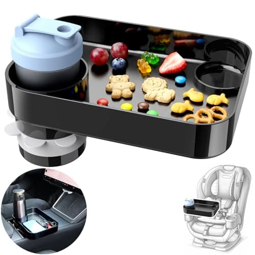 Car Seat Snack Tray for Kids, Mess-Free Square Travel Tray Cup Holder Snack Tray, Durable Car Food Tray for Toddlers, Universal Fit Kids Travel Road Trip Essentials (1, Black)