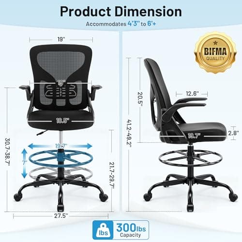 Hayelf Drafting Chair for Standing Desk, Tall Office Chair with 22"-30" Seat Height &7" Lift Footrest Ring, Ergonomic Executive Mesh Computer Counter Stool with Lumbar Support &Flip-up Arms for Artist - Thumbnail 2