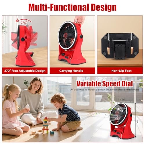 Cordless Battery Operated Fan Compatible with Milwaukee M18 18V Battery, 10in Portable Rechargeable Fan Variable Speed Hanging Hook Up to 4.5 Hrs Runtime for Camping, Jobsite, Outdoor(NO Battery) - Thumbnail 5