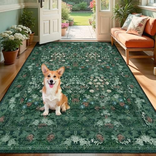Green Boho Floral 3x5 Rugs for Large Entryway, Farmhouse Botanical Washable Area Rug for Dorm, Bedroom Bedside, Foyer, Kitchen, Laundry - Cottagecore Distressed Carpet, Low Pile Non Slip Mat - Image 1