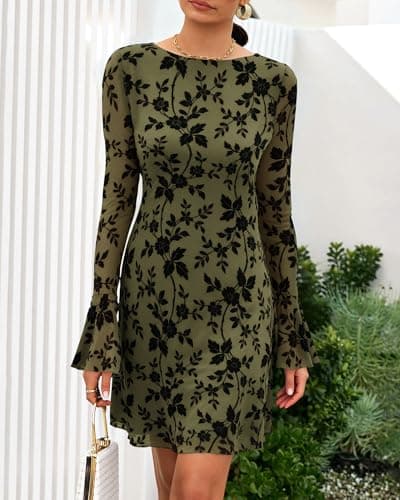BTFBM Women Floral Wedding Guest Dress Spring 2026 Casual Long Sleeve Crew Neck Flowy Party Cocktail Mini Dresses(Floral Army Green,Large) - Thumbnail 5