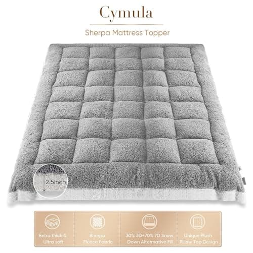 Cymula California King Mattress Topper, Sherpa Mattress Pad for Cal King Bed with 900GSM Down for Back Pain Extra Thick Mattress Cover Pillow Top with 8-21" Pockets, Grey - Thumbnail 4