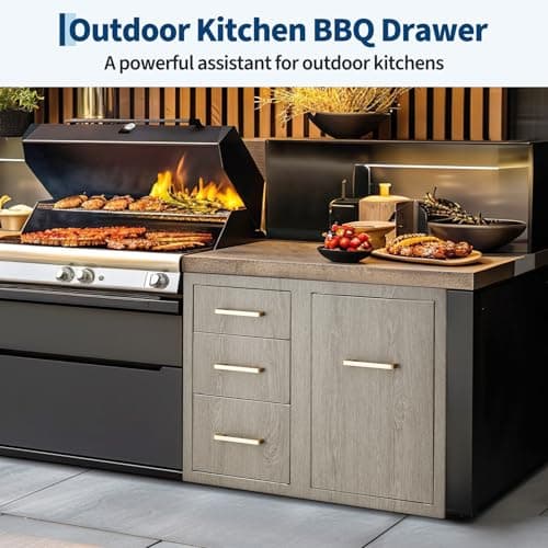 GarveeTech Stainless Steel Outdoor Kitchen Drawer Combo with Access Door, Wood Grain Film, 29.5" W x 22.6" H x 21.7" D, BBQ Island Drawer, Propane Storage, Adjustable Garbage Ring, Flush Mount - Thumbnail 6