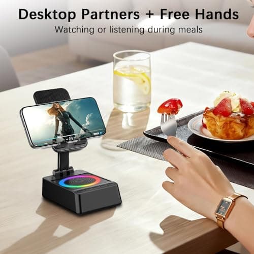 buwy Gifts for Men Women, Cell Phone Stand with Wireless Bluetooth Speaker and Colorful LED Lights, Anti-Slip Base HD Surround Sound, Rechargeable (3000mAh), Home and Outdoors Bluetooth Speaker Black - Thumbnail 2