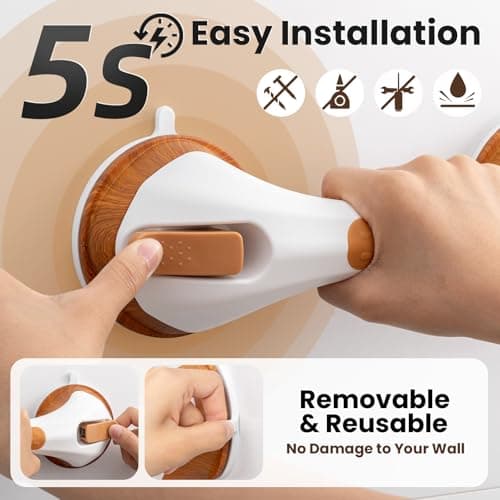 TAILI Shower Grab Bar, 12 Inch Shower Handle for Bathtubs and Elderly, Suction Grab Bars for Seniors Bathroom Safety Handles for Elderly, No Drilling Removable,Wood Grain - Thumbnail 5