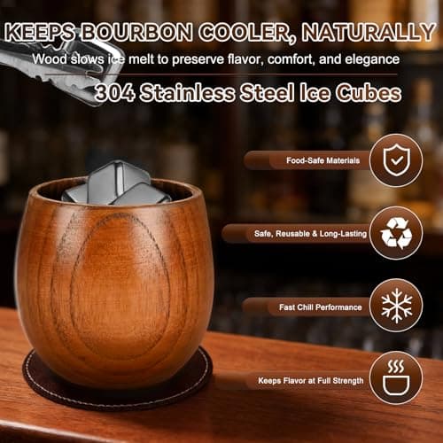 Solunvia Charred Wooden Bourbon Drinking Glass Wooden Whiskey Glasses Set of 2 with 6 Stainless Steel Whiskey Stones and Tongs Old Fashioned Glass Bourbon Gifts for Men (2 Pack – Tube Gift Box) - Thumbnail 4