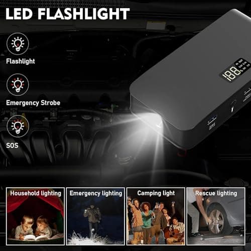 BOOKOO Car Battery Jump Starter 4000A,16000mAh Portable Battery Jumper Cables for Car 8L Gas 7L Diesel Engines,Jump Box with USB QC 3.0 PD 18W Fast Charging,3 LED Modes with SOS for Emergency Use - Thumbnail 4