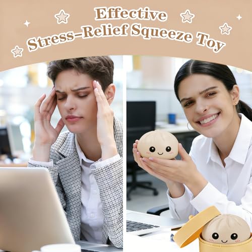 Dumpling Squishy Stress Ball, JHSRVER Mystery Dumpling Squishies, Dumplings Stretchy Desk Toy, Handmade Squeeze Toys, Bun Dough Sensory Fidget Toy with a Steame (Beige) - Thumbnail 6