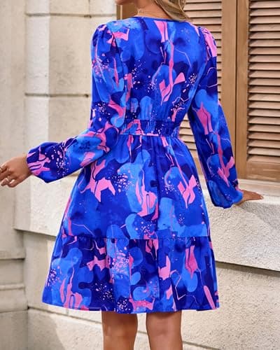 BTFBM Fall Dresses for Women 2026 Mini Long Sleeve Elastic Waist Summer Vacation Outfits Floral Wedding Guest Dress(Flower Blue Pink, Small) - Thumbnail 3
