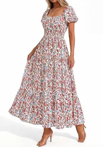 BTFBM Summer Dress for Women 2026 Spring Floral Short Sleeve Casual Flowy A-Line Smocked Tiered Maxi Dresses Pockets(Floral Beige Multicolor, Medium) - Thumbnail 5