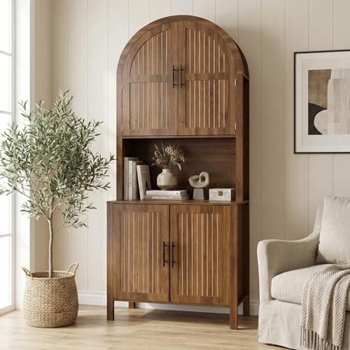 zofiauai 76" Tall Arched Kitchen Pantry,Large Storage Cupboard with Fluted Doors,Microwave Shelf,Modern Wooden Buffet Sideboard,Adjustable Shelves,Cabinet for Dining,Living Room,Walnut - Thumbnail 6