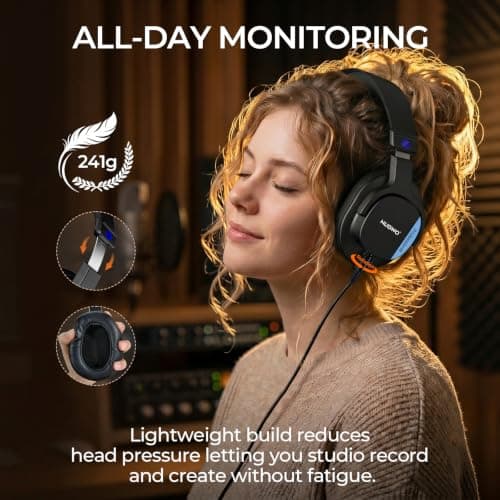 NUBWO Studio Headphones Wired, Hi-Res Over Ear Headphones with 3.5/6.35mm Detachable Jack, 180° Flip Earpads, 45mm Drivers Professional Monitor Headsets for Mixing, DJ, Recording, Guitar, Piano-HD01 - Thumbnail 6