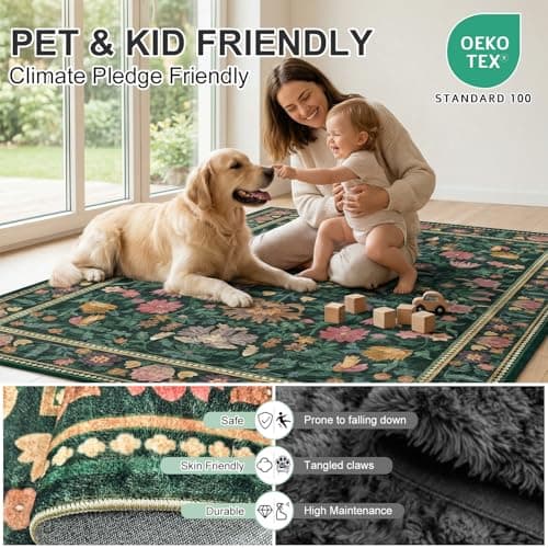 Cnythlis 9'x12' Washable Non-Slip Extra Large Living Room Rug, Vintage Botanical 0.26" Low Pile Faux Wool Soft Water Resistant Carpet, Dark Green - Thumbnail 5