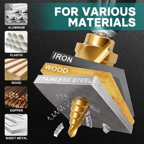 OSTTE 5PCS Step Drill Bit Set with Two Spiral Grooves, 50 Sizes (3/16" to 1-3/8") HSS Titanium Coated Step Bits for Metal, Aluminum, Wood & Plastic - with Aluminum Case for Electricians & DIY - Thumbnail 3