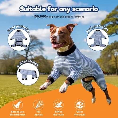 LovinPet Giant Dogs PJS Apparel, Blue and Yellow Stripe Dog Shirt, 4-Legged Design, Full Body Coverage, Large Breed Dog PJS, Pajamas for Pitbulls, Onesies for Dogs,XL - Thumbnail 3