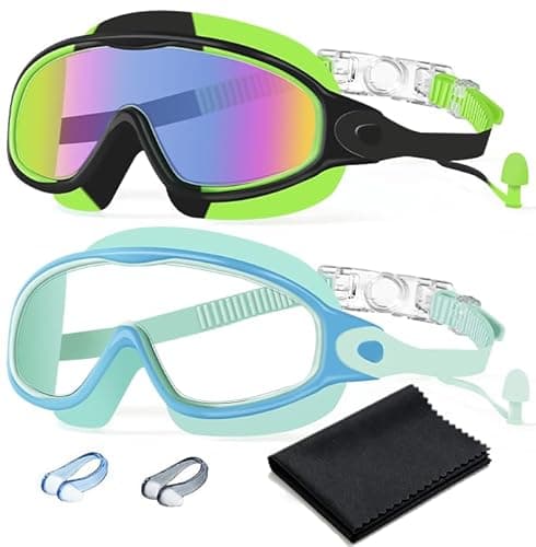 HJZSFVK Swim Goggles 2 Pack Anti-Fog Anti-UV Wide View No Leakage Swimming Goggles for Kids 3-14 with Earplugs - Image 1