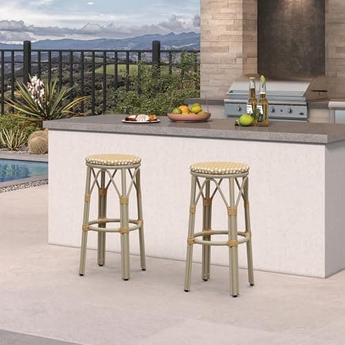 PURPLE LEAF Outdoor Round Bar Height Stool Set of 2 Patio Backless Barstools Aluminum Frame in Champagne Finish with Amber & White Woven Rattan for Indoor Kitchen Dining Bistros Cafe Restaurant