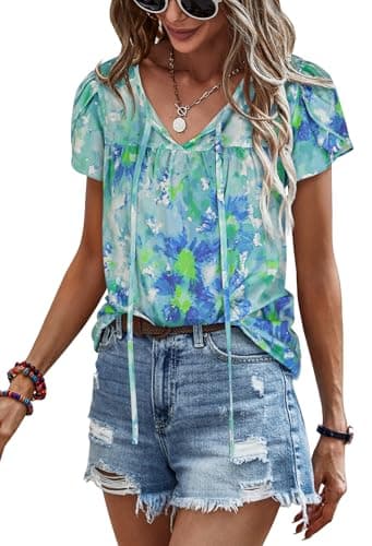 Women's Summer Tops Casual Floral Print V Neck Ruffle Short Sleeve Loose Tunic T Shirt Blouse GF L - Image 1